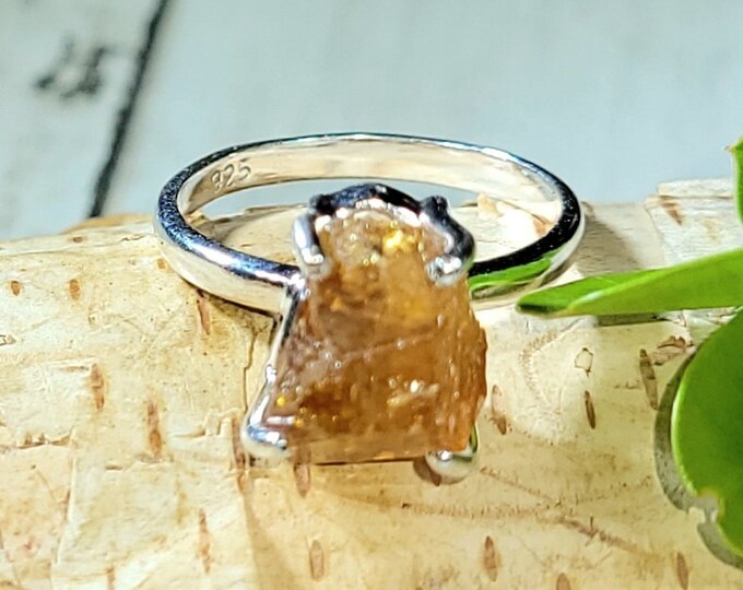 Natural Golden Orange Raw Rough Cut Citrine Handmade .925 Sterling Silver Ring Size 6 3 Grams 7/16" x 3/8" CB34