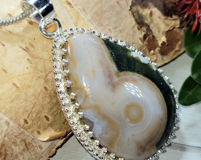 Natural Premium Grade Ocean Jasper Handmade Pear .925 Sterling Silver "Crown Designer" Setting Pendant 2" x 1 1/8" 13 Grams CT27