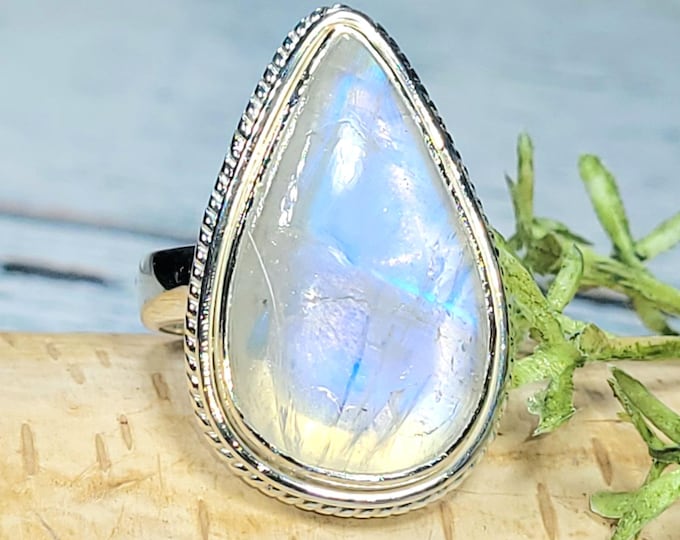 Rainbow Moonstone Ring, Moonstone Ring, Moonstone Sterling Silver Ring Size 7.75, Statement Ring, Handmade Ring, Boho Ring, Gift for Her, JB