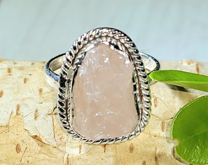 Natural High Quality Raw Rough Cut Rose Quartz Handmade .925 Sterling Silver Ring Size 7.5 6 Grams 7/8" x 5/8" CB32