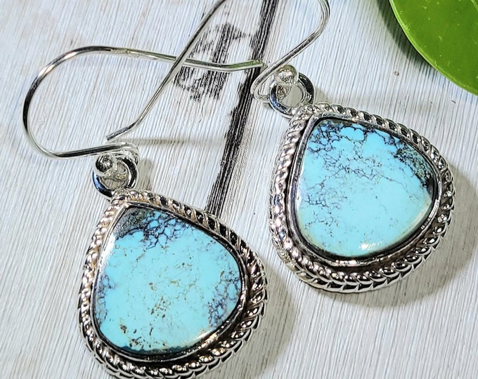 Natural High Quality Tibet Turquoise .925 Sterling Silver Earrings 7 Grams 1 1/4" x 5/8" ER30