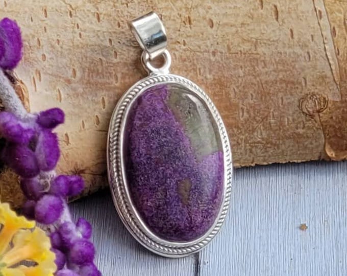 Natural, Rare Stitchtite Pendant, Purple Stone .925 Sterling Silver Pendant 9 grams 1 5/8 in by 3/4 in CV35