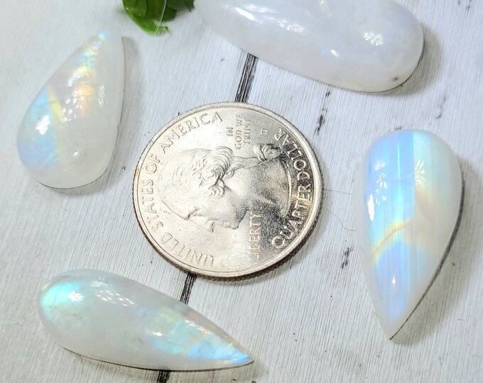 Natural Premium Multi Flash Moonstone Cabochons 66ct 4 Stone Lot Wire Wrapping, Weaving, Rings or Pendant Mixed Sizes & Pear Shapes FA20
