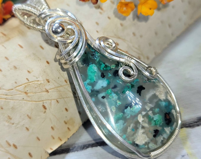 Natural Chalcedony, Copper Chrysocolla Wire Wrapped .925 Silver Pendant, Sterling Silver Wire Wrapped Pendants, Handmade DB08