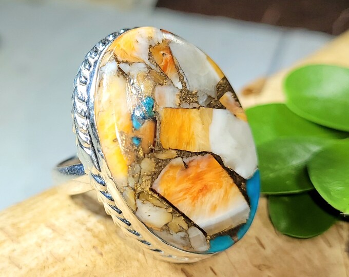 Spiny Oyster Turquoise Ring with Copper, Spiny Oyster Turquoise .925 Sterling Silver Ring, Size 7 Spiny Oyster Turquoise Ring.