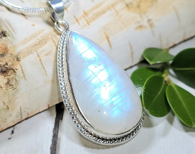 Natural AAA Blue Flash Moonstone .925 Sterling Silver Pendant 2" x 1" 14 Grams EF17