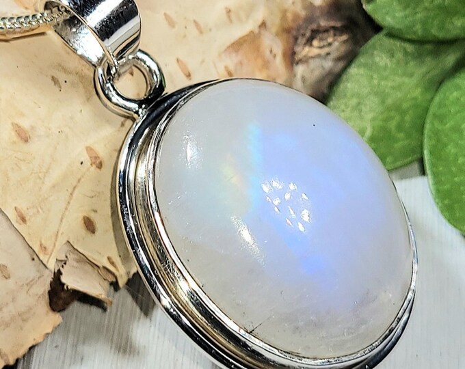 Natural Blue Flash Rainbow Moonstone .925 Sterling Silver Pendant 1 3/8" x 13/16" 7 Grams EX11
