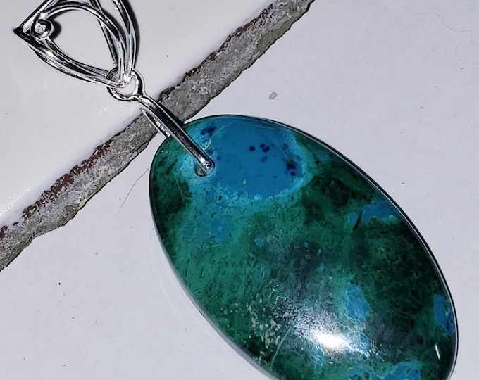 Natural AA Chrysocolla W/Azurite Oval Cabochon .925 Sterling Silver Pendant EA33 2" x 1" Heavy Duty Designer Sterling Silver Bail