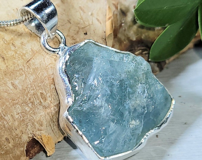 Natural Genuine Raw Aquamarine Rough Cut Handcrafted  .925 Sterling Silver Pendant Gift for Her Natural Genuine Aquamarine Stone Handcrafted