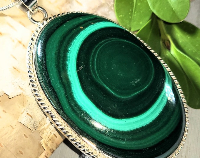 Natural High Quality Congo Malachite Handmade Oval .925 Sterling Silver Pendant 2 1/4" x 1 1/4" 22 Grams EN25 Statement Piece Gift for Her