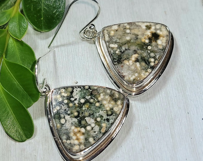 Natural Best Grade Ocean Jasper Handmade .925 Sterling Silver Earrings 12 Grams 1 3/8" x 7/8" AP36