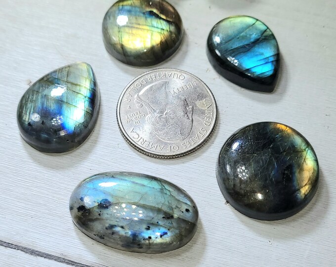 Natural Multi-Flash Labradorite Mixed Cabochons 140ct 5 Stone Lot Wire Wrapping, Weaving, Pendant or Ring CL12 Gift  for Her or Him