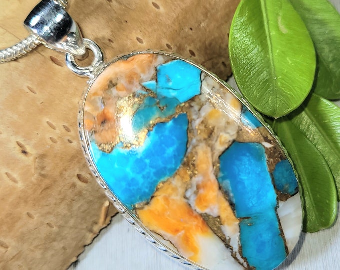 Spiny Oyster Turquoise Pendant, Spiny Oyster Turquoise w/copper, Sterling Silver Pendant, Spiny turquoise pendant, Handmade Pendant FP18