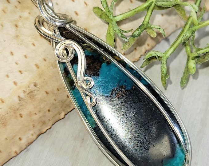 Blue Opal Pendant, Blue Opalized Wire wrapped pendant, Petrified wood opal pendant, Sterling Silver wire wrapped pendant, HC08