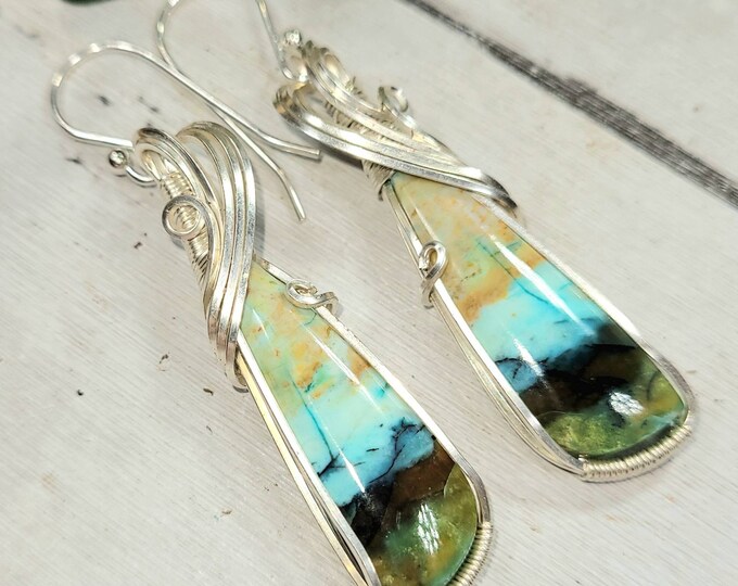 Blue Opalized Earrings, Opalized Sterling Silver Wire Wrapped Earrings, Petrified Wood Earrings, Hand Wrapped Earrings, Gift for Her DT01