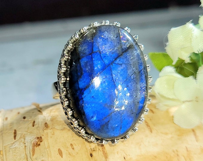 Labradorite Ring. Blue Labradorite Sterling Silver Ring Size 8.5 Handmade Ring, Statement Ring, Gift for Her DL