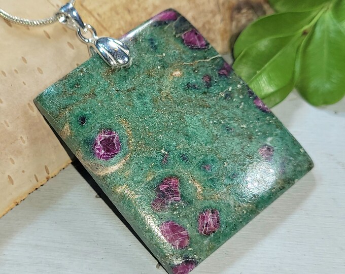 Natural Good Quality Grade Ruby Fuchsite Rectangle Cabochon .925 Sterling Silver Pendant Rhodium Sterling Silver Bail Gift for Her Genuine