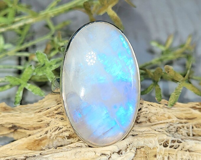 Rainbow Moonstone Ring, Moonstone Ring, Sterling Silver Moonstone Ring, Moonstone Ring Size 8, Statement Ring, Boho Ring, GE