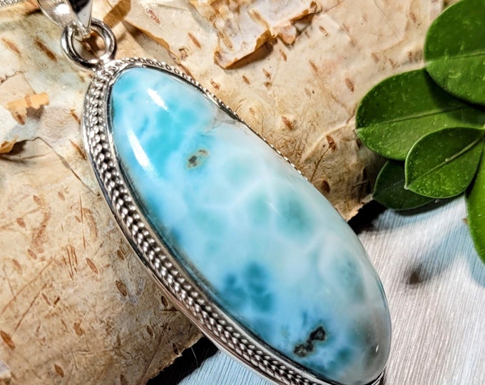 Natural Top Grade Dominican Larimar Handmade .925 Sterling Silver Pendant 2 1/8" x 3/4" 12 grams AC05