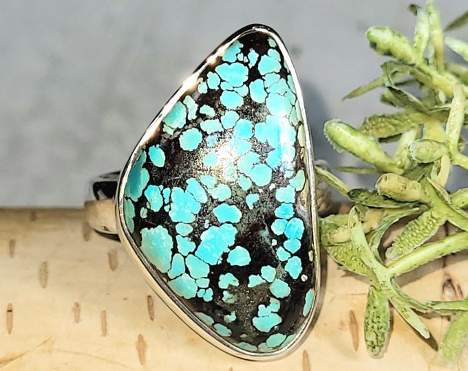 Natural Tibetan Turquoise Sterling Silver Ring, Turquoise Boho Ring, Statement Ring; Handmade Ring, Premium Tibet Turquoise Ring Size 7 HP