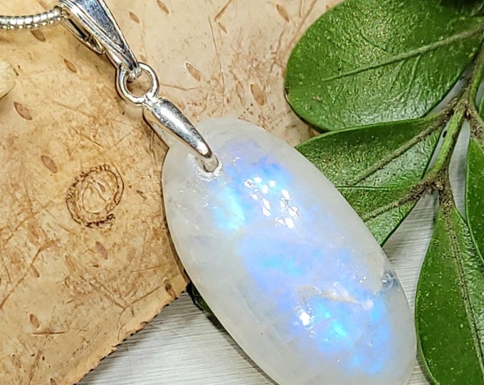 Natural Premium Grade Rainbow Moonstone Oval Cabochon .925 Sterling Silver Pendant 1 1/2" x 1/2" AS08 Sterling Silver Bail