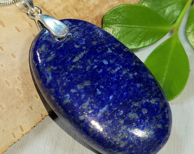 Natural High Grade Lapis Oval Cabochon  .925 Sterling Silver Pendant 75ct 2 1/8" x 1" CJ15 Heavy Duty Sterling Silver Bail Gift for Her