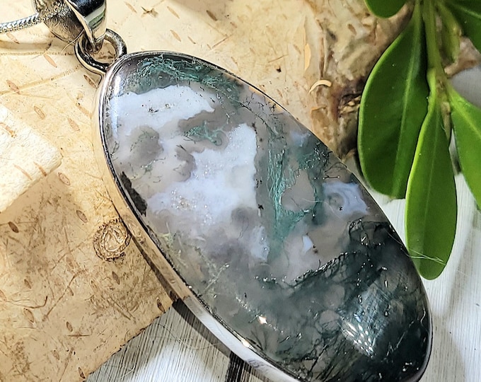 Natural High Grade Green Moss Agate Oval Handmade .925 Sterling Silver Pendant 2 1/4" x 1" 13 Grams AQ02