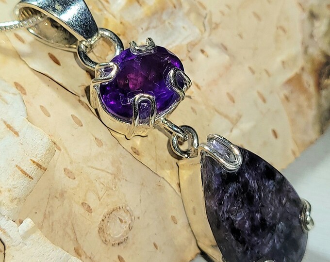 Natural Charoite, African Amethyst  .925 Sterling Silver Pendant measures 1 3/4" x 1/2" 7 Grams K07