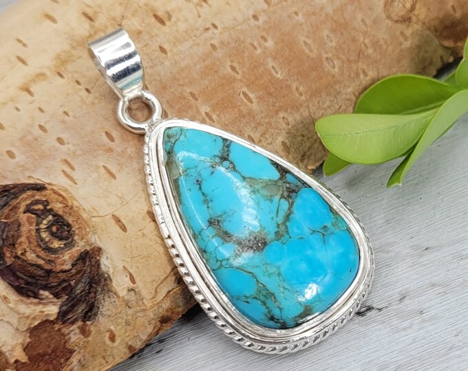 Natural AAA Arizona Kingman Turquoise Handmade .925 Sterling Silver Pendant 1 3/4" x 7/8" 11 grams DD13 Boho Pendant, Statement Pendant
