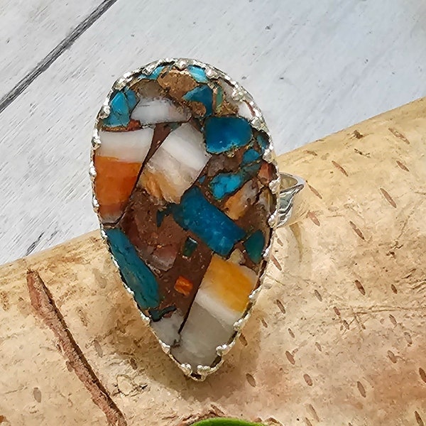 Spiny Oyster Turquoise Ring with Copper, Spiny Oyster Turquoise .925 Sterling Silver Ring, Size 8 Spiny Oyster Turquoise Ring.