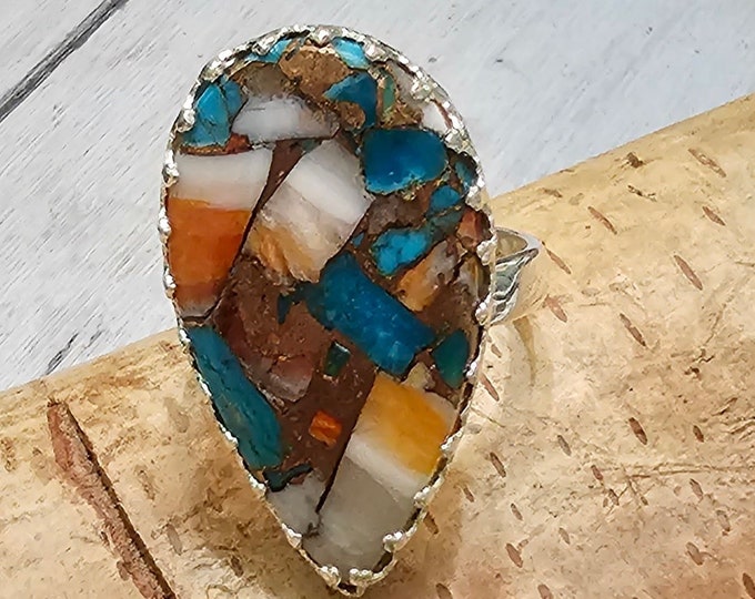 Spiny Oyster Turquoise Ring with Copper, Spiny Oyster Turquoise .925 Sterling Silver Ring, Size 8 Spiny Oyster Turquoise Ring.