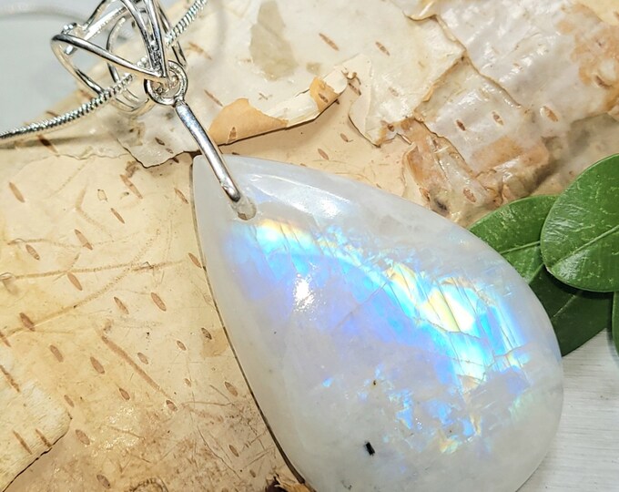 Natural High Quality Rainbow Moonstone Pear Cabochon Handmade 60ct .925 Sterling Silver Pendant 2 3/8" x 1 31/8" AS33 Designer Bail