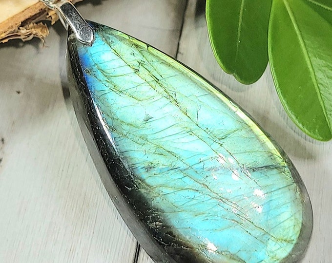 Natural Top Grade Blue Flash Labradorite Pear Cabochon  .925 Sterling Silver Pendant 2" x 7/8" LB24