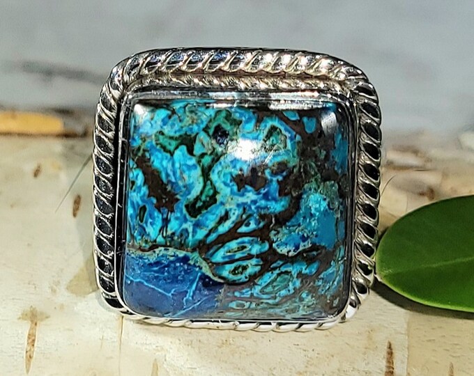 Natural Top Grade Azurite .925 Sterling Silver Ring Size 7 8 Grams 15/16" x 5/8" EU39