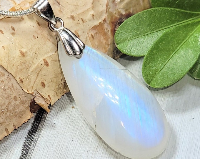 Natural AA Best Grade Moonstone Sterling Silver Pendant Bead 1 5/8" x 9/16" AD21 Solid Sterling Silver Rhodium Plated Bail