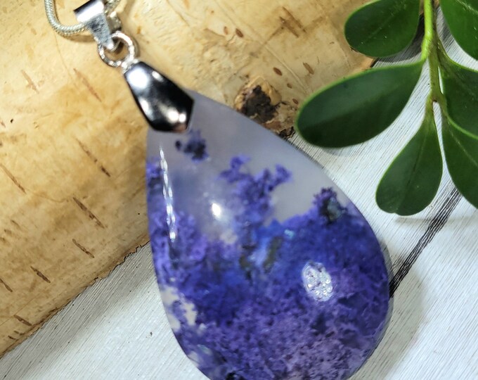 Moss Agate Pendant, Pear Moss Agate Sterling Silver Pendant, Purple Moss Agate Pendant, Handmade Pendant, Statement Pendant, DU21, Gift Idea