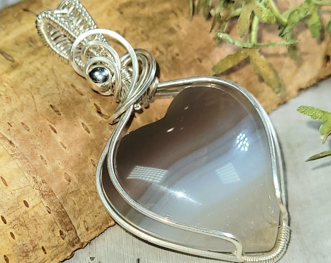 Multi-Colored Opalized, Petrified Wood Wire Wrapped .925 Silver Pendant, Sterling Silver Wire Wrapped Pendants, Opalized Heart Pendant HN08