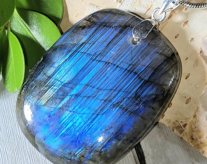 Natural Blue Flash Labradorite Cushion Cabochon .925 Sterling Silver Pendant 1 7/8" x 1 1/8" EM35 Custom Sterling Silver Bail