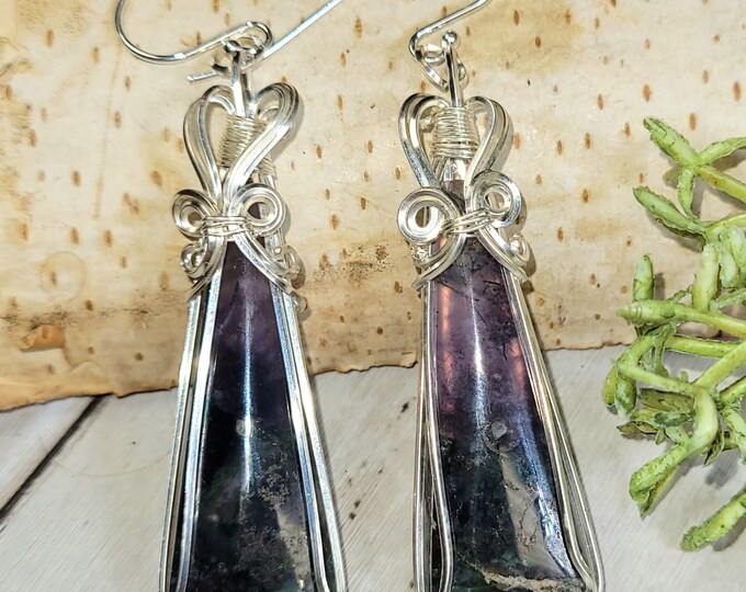 Moss Agate Earrings, Moss Agate Wire Wrapped Earrings, Agate Sterling Silver Wire Wrapped Earrings, Handmade Earrings, Gift for Her, HC23