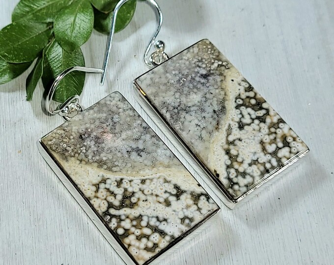 Natural Choice Grade Ocean Jasper Rectangle Handmade .925 Sterling Silver Earrings 15 Grams 1 3/4" x 3/4" AR42