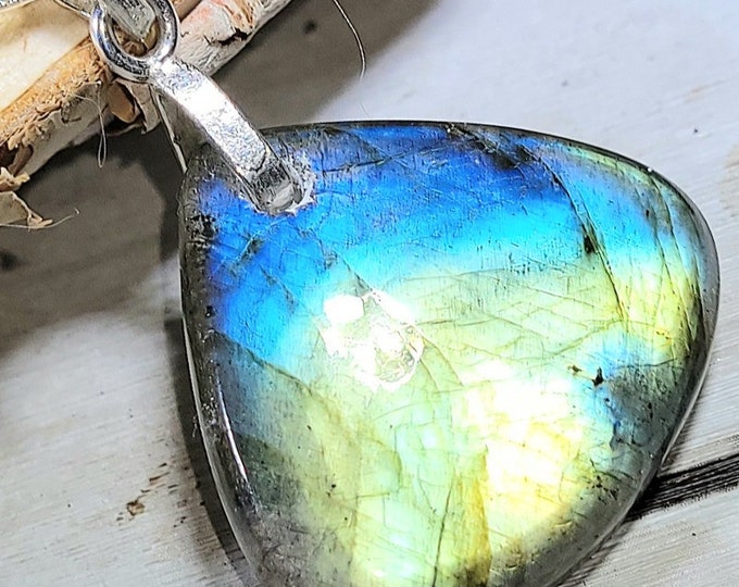 Natural Bright Multi Flash Labradorite Pear Cabochon .925 Sterling Silver Pendant 1 1/2" x 1" EG18 Sterling Silver Bail