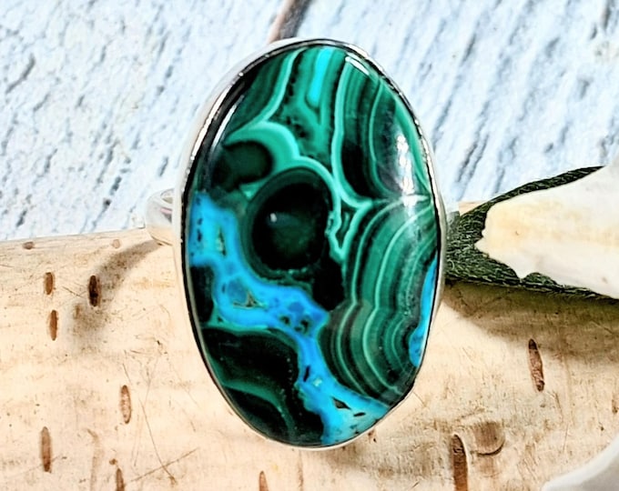 Handmade Premium Grade Chrysocolla Malachite Sterling Silver Ring - Size 9