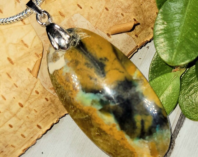 Opalized Wood Pendant,  Opalized/Petrified Cabochon Handmade Sterling Silver, Gift for Her, Boho Pendant DF30 Rhodium Plated Sterling Silver