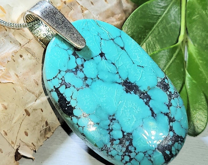 Natural High Quality Tibet Turquoise Oval Cabochon .925 Sterling Silver Pendant 17 Grams 1 3/4" x 1" M30 Sterling Silver Heavy Duty Bail