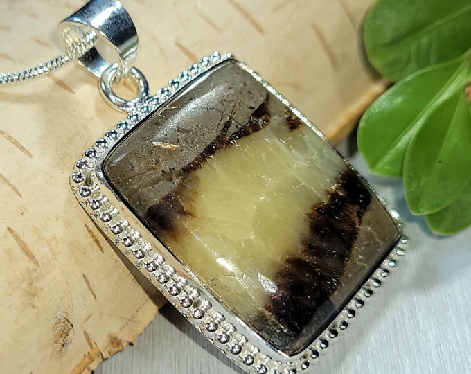 Natural Best Grade Yellow Septarian Rectangle Handmade .925 Sterling Silver Pendant 1 5/8" x 1" 12 Grams CM15 Gift for Her