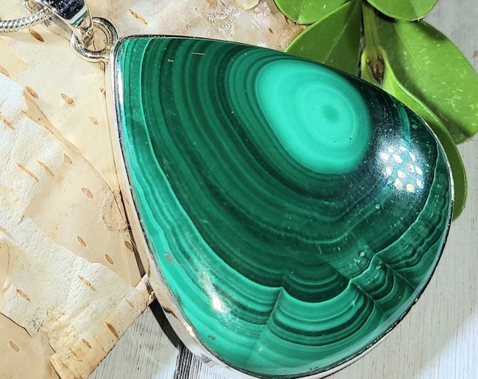Natural High Grade Congo Malachite Handmade Pear .925 Sterling Silver Pendant 2 1/8" x 1 7/16" 17 Grams EN35 Genuine Stone Gift for Her