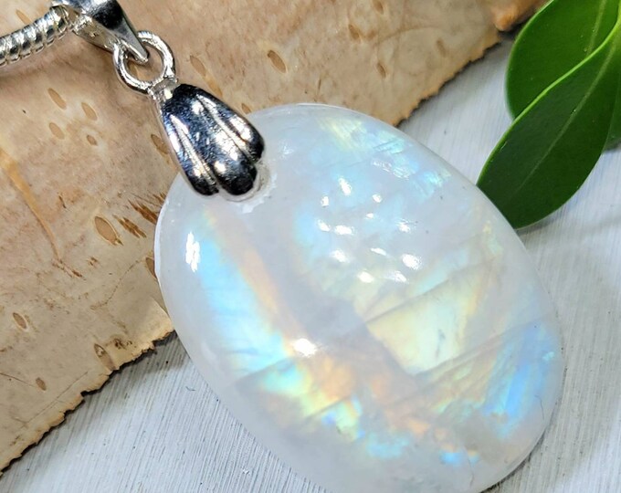 Moonstone Pendant, Rainbow Moonstone Oval Cabochon Sterling Silver Pendant, Full Multi Flash Moonstone, Gift for Her, Handmade Pendant, DR01