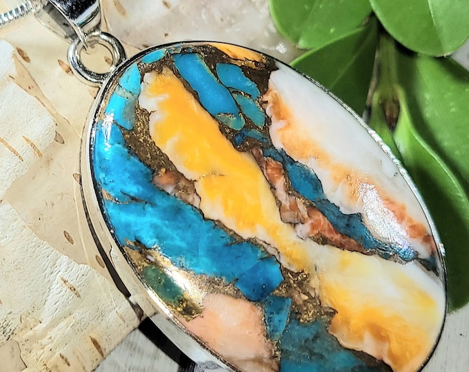 Natural AAA Spiny Oyster Turquoise Handmade .925 Sterling Silver Pendant 1 7/8" x 1" 12 grams EN36