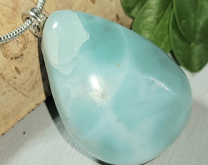 Natural Dominican Larimar Pear Cabochon .925 Sterling Silver Pendant 1 3/16" x 3/4" 9 Grams EY08 Sterling Silver Glue Bail