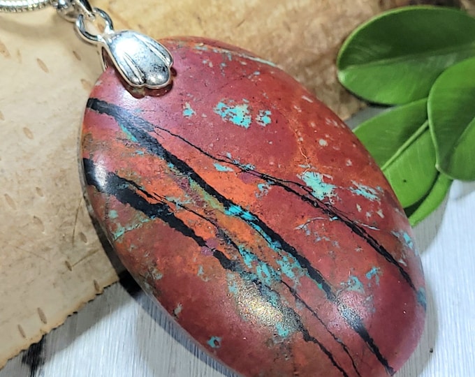 Natural Premium Grade Sonora Jasper Oval Cabochon .925 Sterling Silver Pendant 2" x 1" CK07 Rhodium Plated Solid Sterling Silver Bail